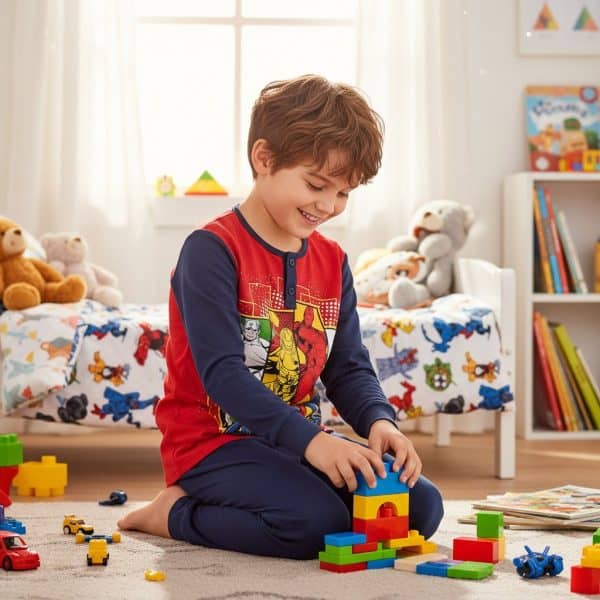 Niño jugando con bloques de construcción en habitación infantil con juguetes y libros.