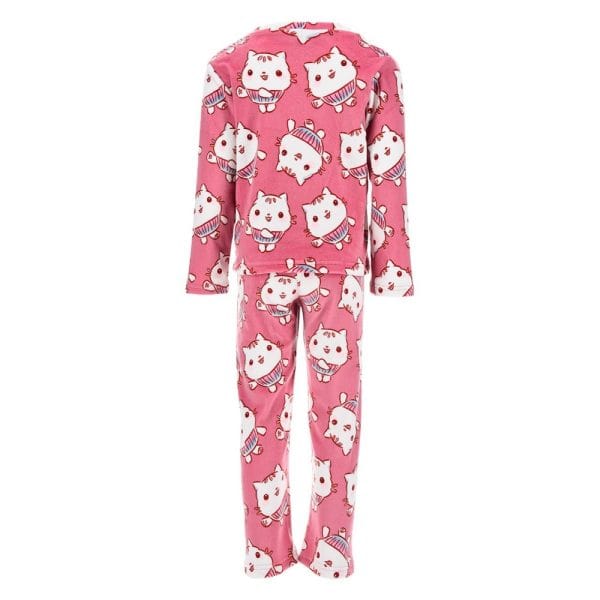 Pijama infantil rosa con dibujos de gatos blancos y rayas en la ropa y pantalones.