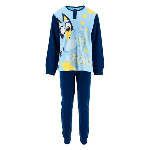 Conjunto de pijama infantil con diseño de gato y estrellas en tonos azules.