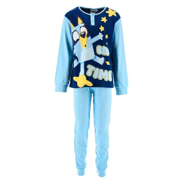 Conjunto de pijama infantil con diseño de Gato con gafas y estrellas en tonos azules y amarillos.