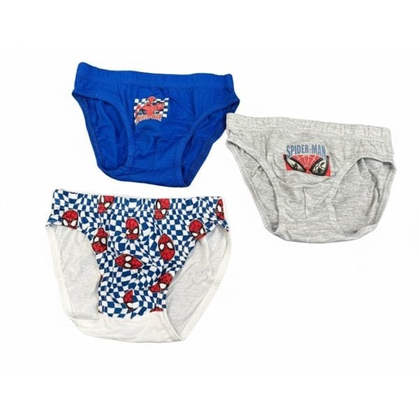 Tres slips de niño con diseños de Spiderman y Spider-Man en diferentes colores.