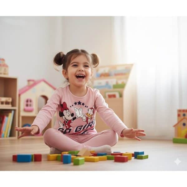 Niña feliz jugando con bloques de colores en una habitación luminosa.