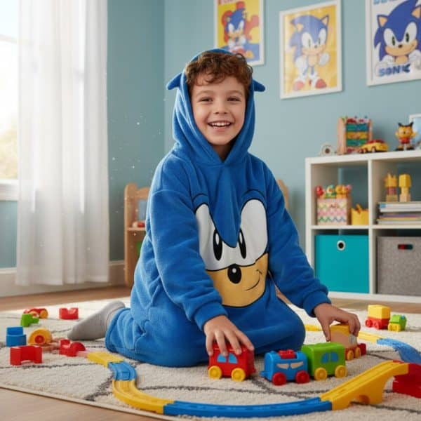 Niño con pijama de Sonic jugando con trenes en habitación infantil.
