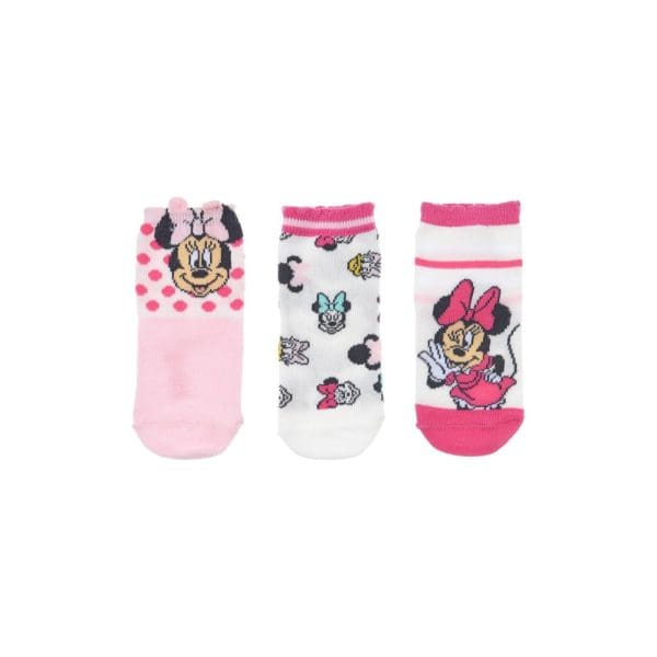 Tres pares de calcetines infantiles con personajes de Minnie Mouse y diseños coloridos.