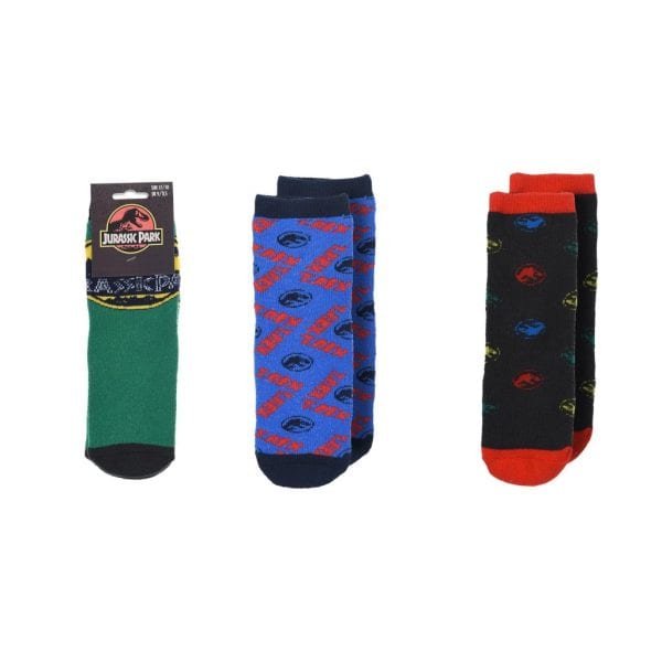 Calcetines infantiles con temática de Jurassic Park en colores verde, azul y negro.