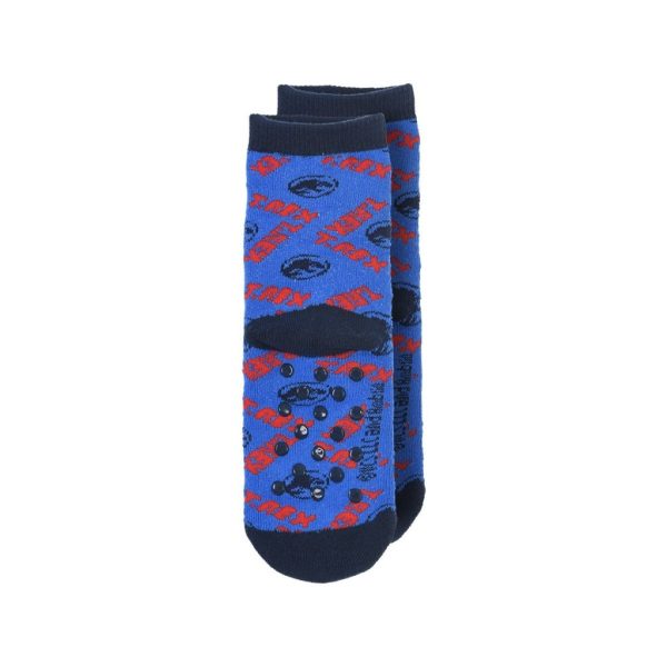 Calcetines deportivos azules con estampado de coches y logotipo de Ropa La Giralda.