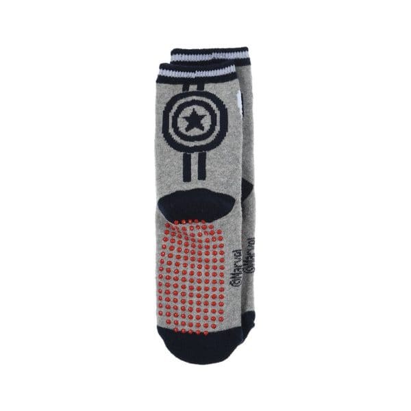 Calcetines grises con diseño de robot y puntos rojos en la suela.