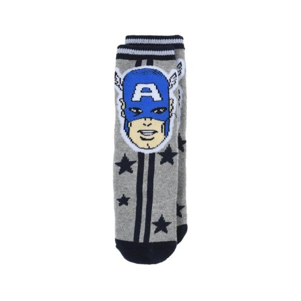 Calcetines de superhéroe con cara de Capitán América y estrellas grises.