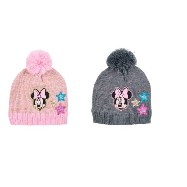 Gorros infantiles con Minnie Mouse y estrellas en colores rosa y gris.