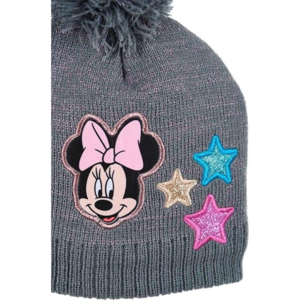 Gorro gris con bordado de Minnie Mouse y estrellas de colores.