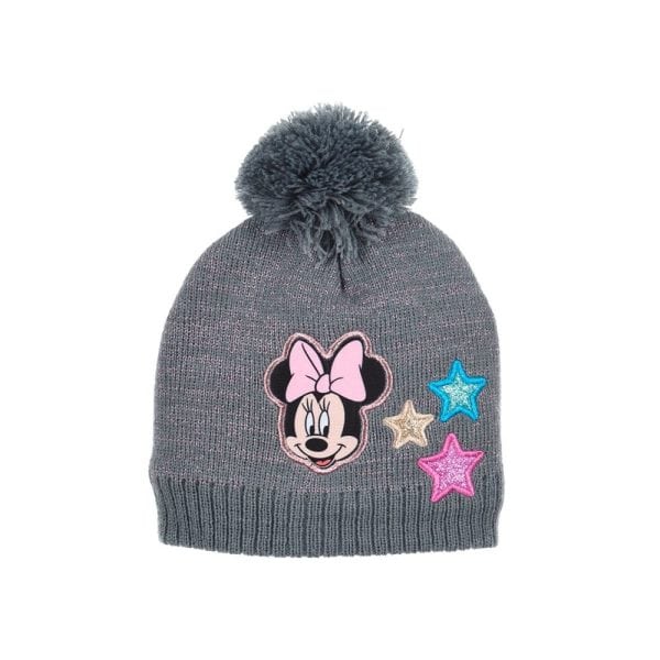 Gorro gris con bordado de Minnie Mouse y estrellas de colores.