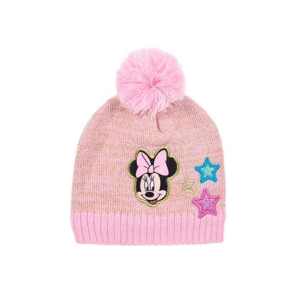 Gorro rosa con pompom y bordado de Minnie Mouse y estrellas de colores.