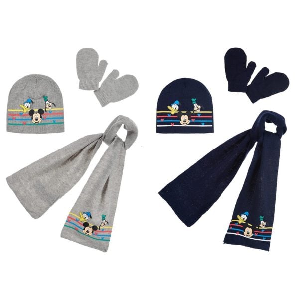 Conjunto de gorro, bufanda y guantes de Mickey Mouse para niños en gris y azul.