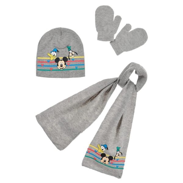 Conjunto de ropa infantil gris con Mickey y amigos, gorro, guantes y bufanda.