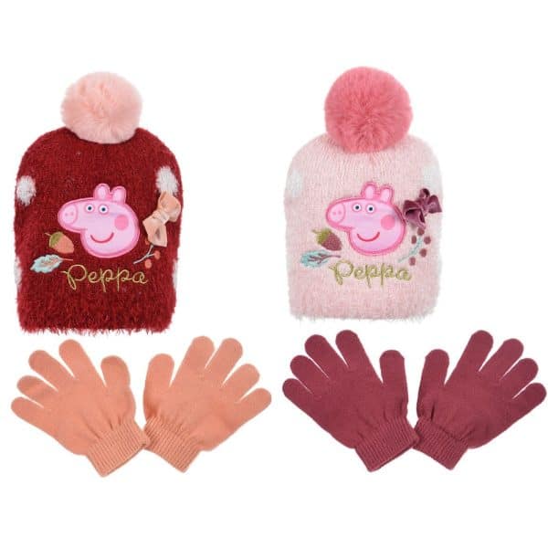 Gorros y guantes infantiles Peppa Pig en colores rojo y rosa.