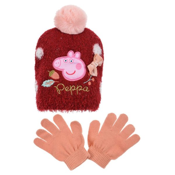 Gorro y guantes de Peppa Pig para niños en color rosa y rojo.