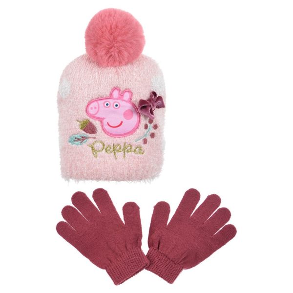 Gorro y guantes infantiles de Peppa Pig en rosa y burdeos para niños.