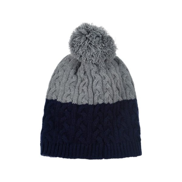 Gorro de lana gris y azul con pompón para invierno.