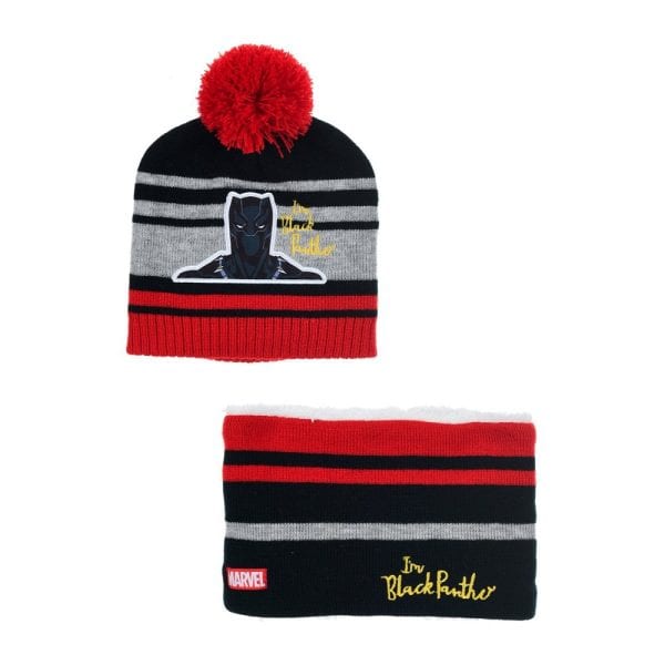 Gorro y bufanda de Marvel Black Panther para niños en colores negro, gris y rojo.