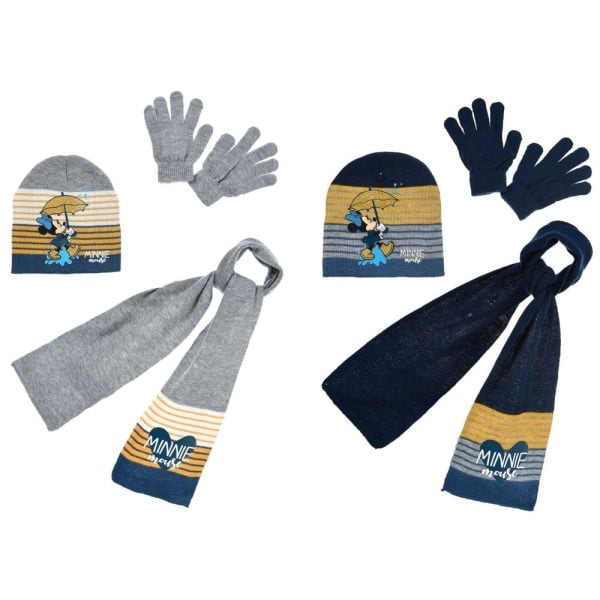 Conjunto de accesorios de invierno de Minnie Mouse para niños en colores gris y azul.