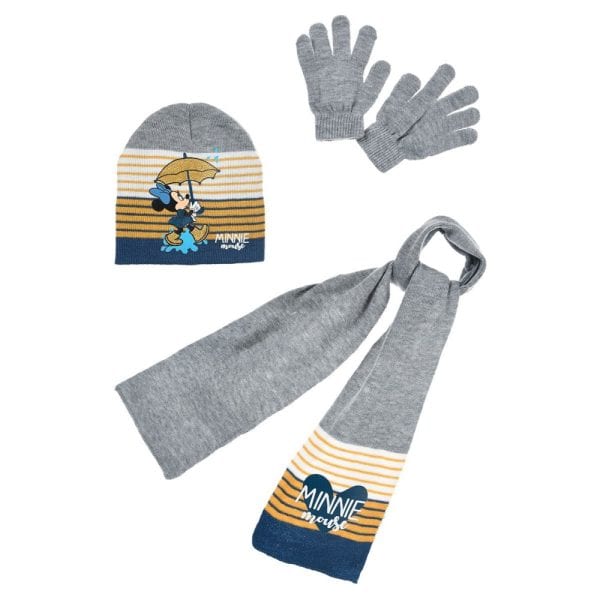 Conjunto de ropa infantil de Minnie Mouse con gorro, guantes y bufanda grises.