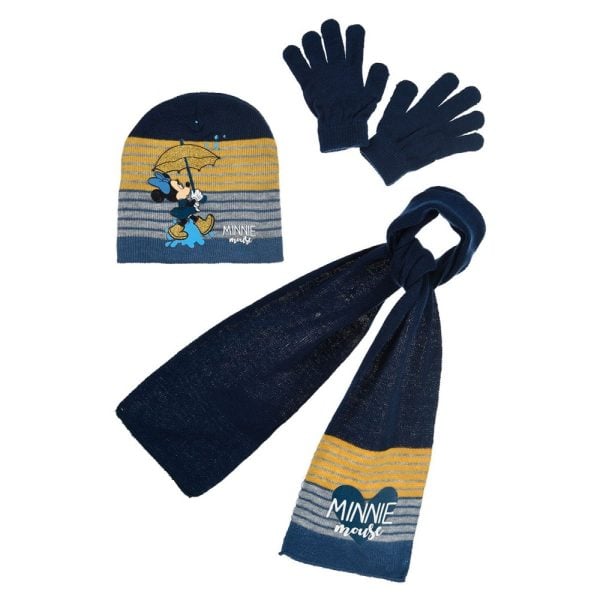 Conjunto de ropa infantil de Minnie Mouse con gorro, guantes y bufanda en tonos azules y amarillos.
