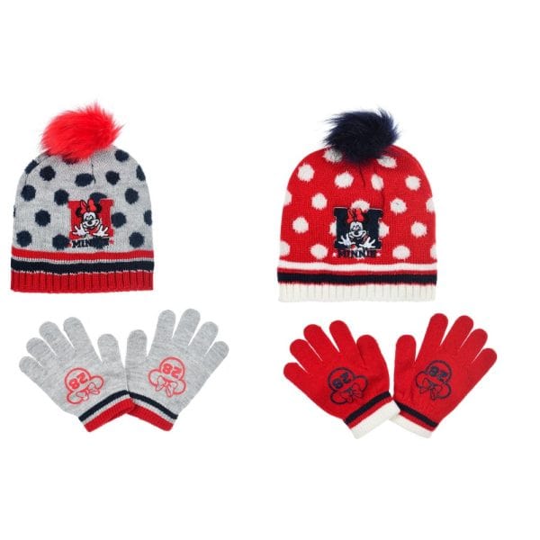 Gorros y guantes infantiles con Mickey Mouse en colores rojo, gris y azul.
