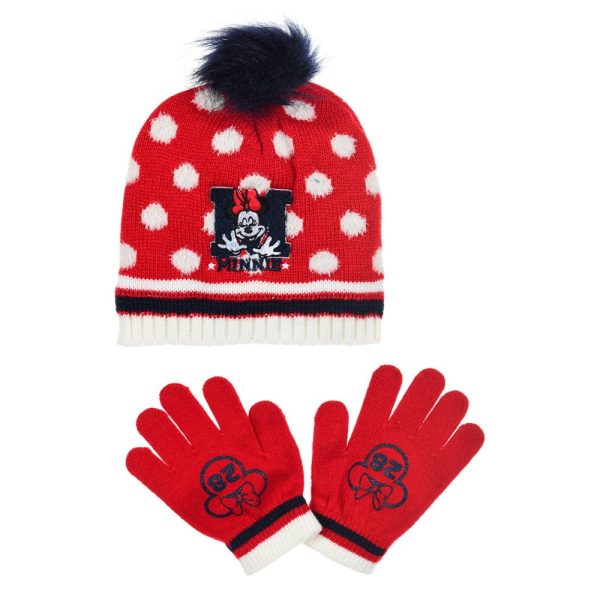 Gorro y guantes de invierno con Mickey Mouse en rojo y blanco.
