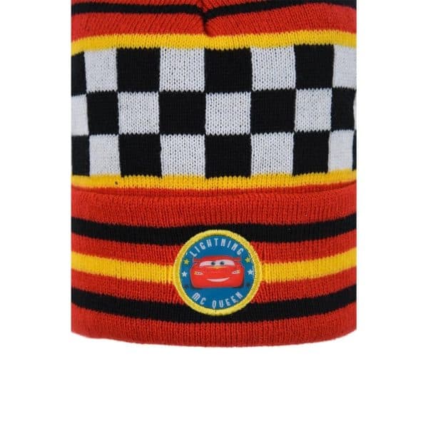 Bufanda de Disney Cars con diseño de rayas y cuadros en colores rojo, negro y amarillo.