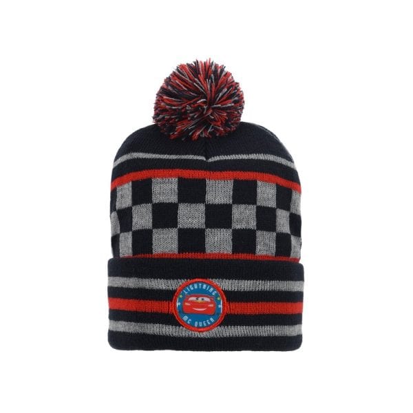 Gorro de lana con diseño de cuadros y pompón en colores rojo, negro y gris.