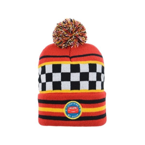 Gorro de lana con diseño de cuadros y rayas en colores rojo, negro y amarillo.