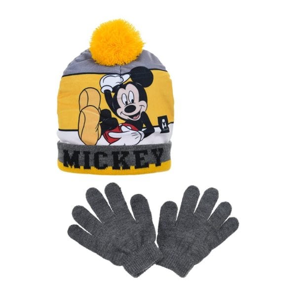 Gorro y guantes de Mickey Mouse para niños en colores gris y amarillo.