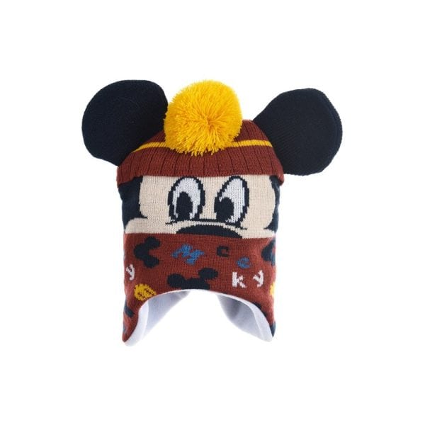 Gorro infantil con orejas de Mickey Mouse y pompón amarillo.