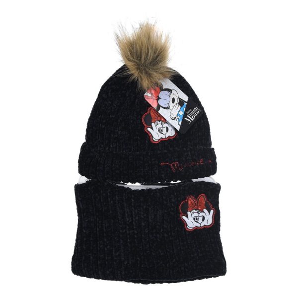 Gorro y bufanda negros con detalles de Mickey Mouse y pompón de peluche.