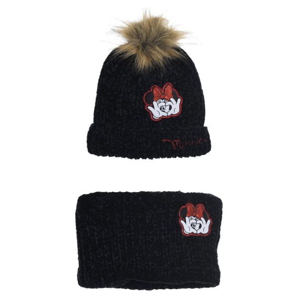 Gorro de lana negro con pompón y logo de Minnie Mouse en la parte frontal.
