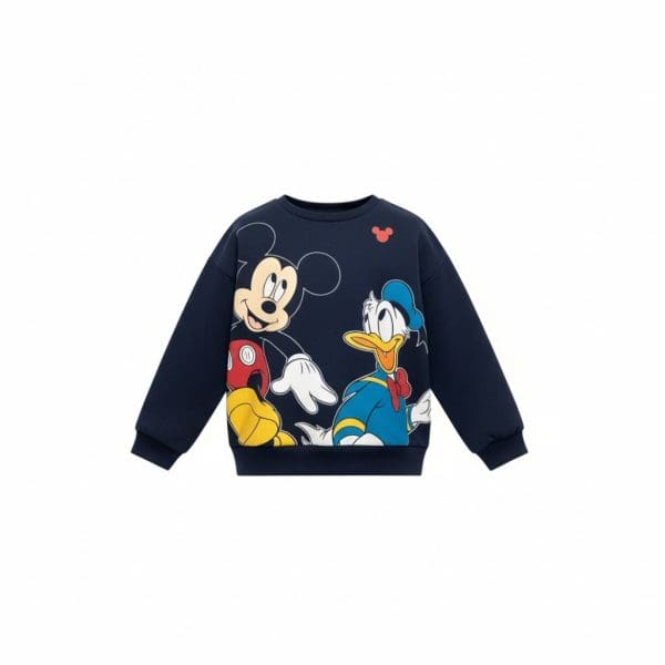 Sudadera infantil con Mickey Mouse y Donald Duck en colores azul y rojo.