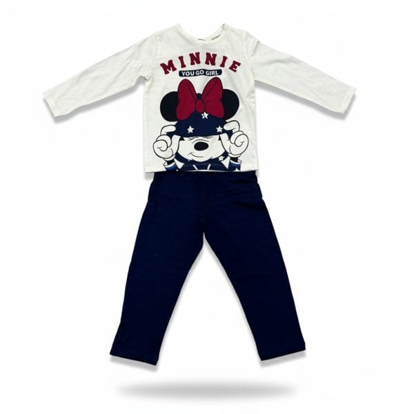 Conjunto infantil Minnie Mouse con camiseta y pantalones en colores blanco y azul.