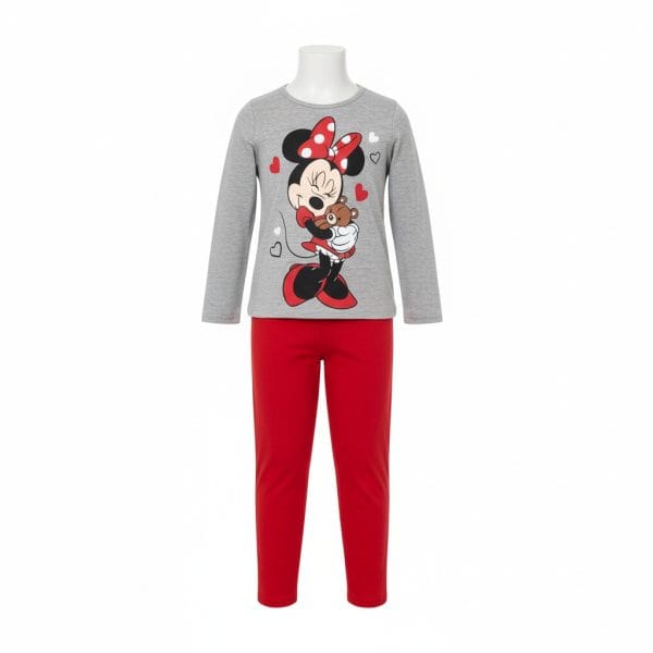 Conjunto de ropa infantil con sudadera de Minnie Mouse y pantalones rojos.