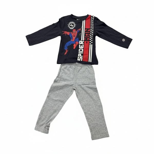 Conjunto infantil de Spider-Man con camiseta y pantalones grises.