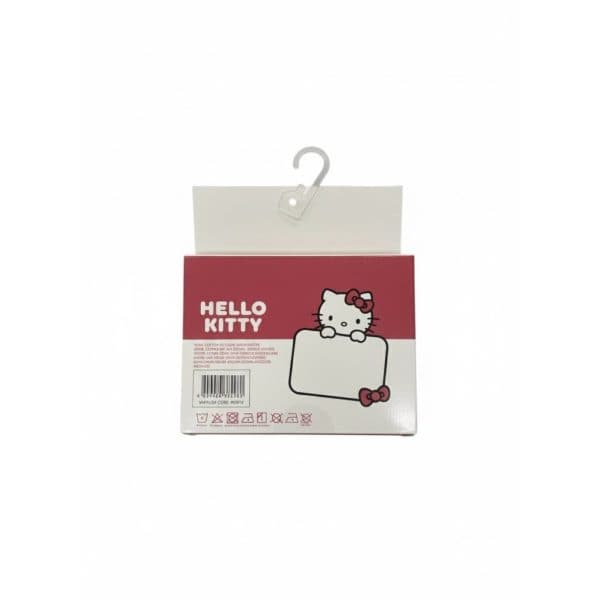 Etiqueta de ropa Hello Kitty con diseño de gato y lazo en color rosa.