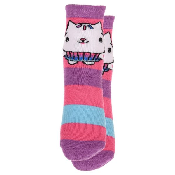 Calcetines infantiles con gato y rayas en colores rosa, azul y morado.