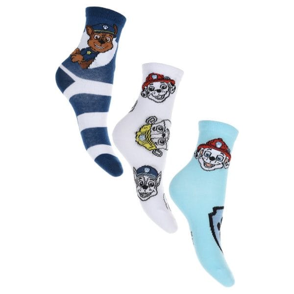 Calcetines infantiles con personajes de la Patrulla Canina en colores azul, blanco y celeste.
