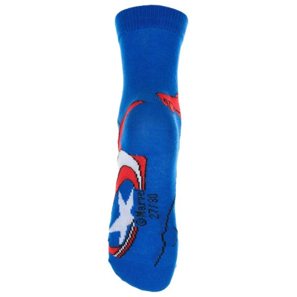 Medias deportivas azules con logotipo y detalles en rojo y blanco.