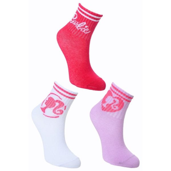 Tres pares de calcetines de colores rosa, blanco y rojo con diseños divertidos.