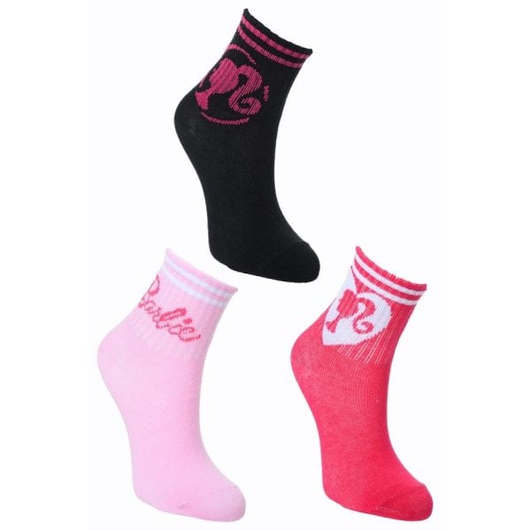 Tres pares de calcetines deportivos en negro, rosa y rojo con logotipos de Ropa La Giralda.