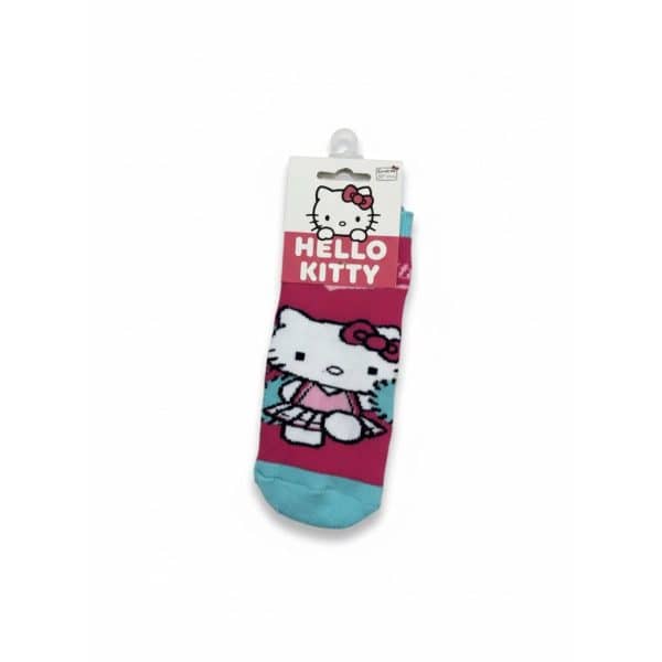 Calcetín infantil Hello Kitty con diseño de gato y lazo rosa en color rosa y azul.