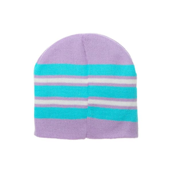 Gorro de lana con rayas en tonos lilas y azules para niños.