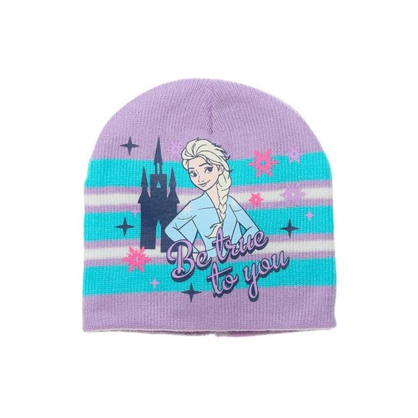 Gorro de niña con Elsa de Frozen y castillo en fondo rosa y azul.