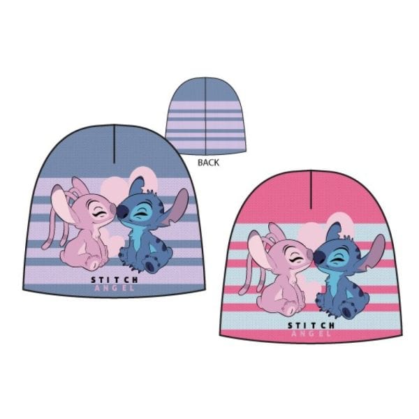 Gorro infantil con diseño de personajes Stitch y Angel en colores rosa y azul.