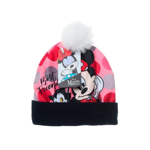 Gorro infantil de Disney con Minnie y Mickey Mouse, pompom y diseño colorido.